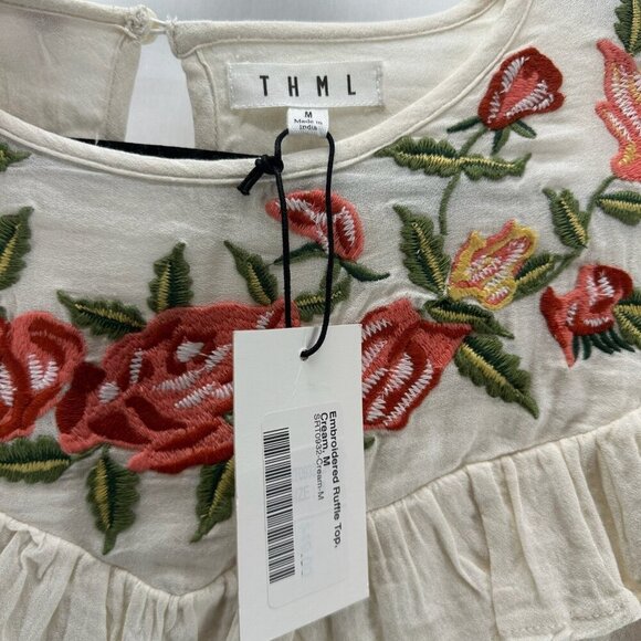 THML Blouse M Embroidered Ruffle Top Peasant Flounce Sleeve Cotton Cream - Picture 7 of 11